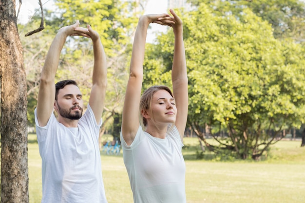 Casais estão se exercitando no parque.