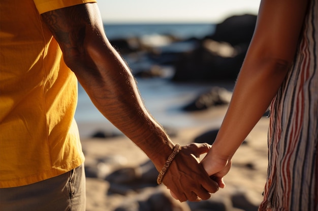 Foto casais gays de duas raças se abraçam em uma praia ensolarada