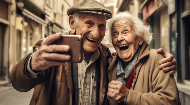 Casais idosos tiram uma foto de selfie