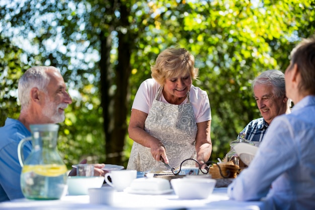 Casais idosos tomando café da manhã no jardim