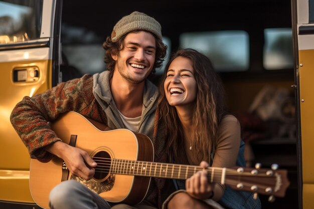 Casais sorrindo com guitarra em sua van com IA gerativa