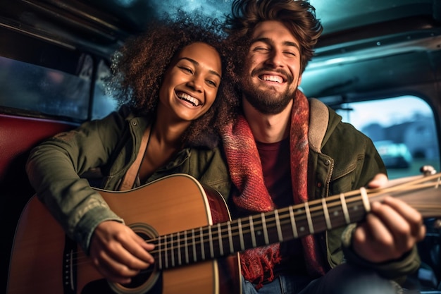 Casais sorrindo com guitarra em sua van com IA gerativa