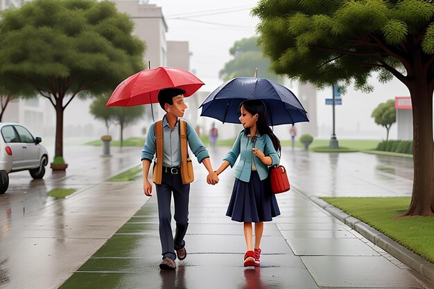 Casal a caminhar na trilha na chuva