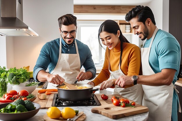 Foto casal a cozinhar em casa