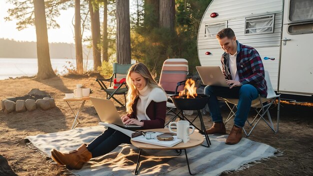 Foto casal a descansar em acampamento e a trabalhar à distância