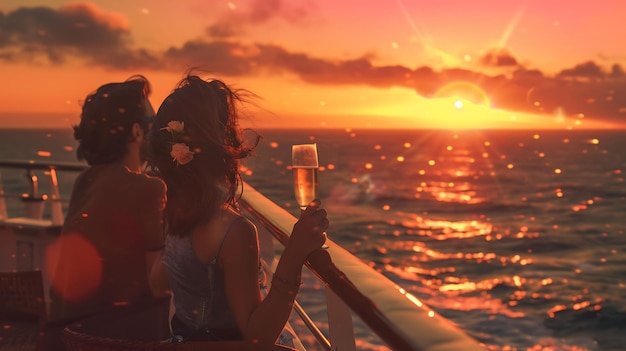 Casal a desfrutar de um cruzeiro romântico ao pôr-do-sol ao longo de uma férias pitoresca do vizinho