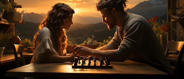 Foto casal a jogar xadrez fotorrealista de alta qualidade largas faixas principais