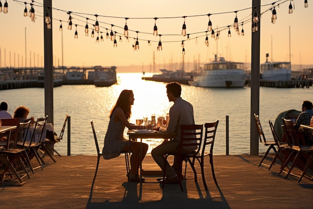 Foto casal a ter um jantar romântico no telhado.
