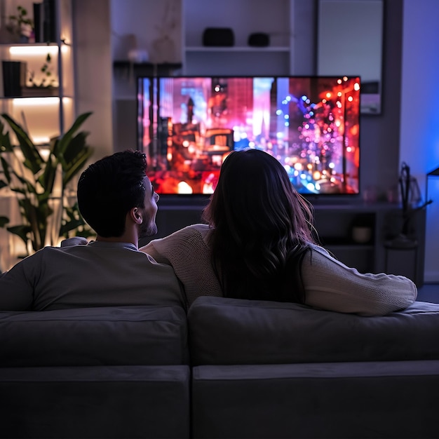 Foto casal a ver séries na televisão inteligente