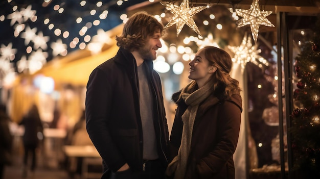 Casal abraçando-se no mercado de natal mercado de natal mágica amor jovem sob as luzes cintilantes