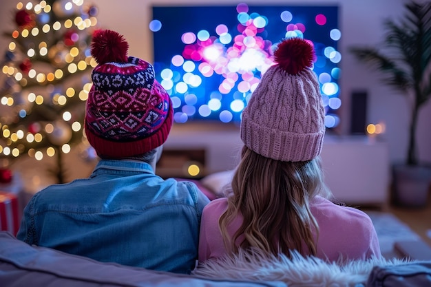 Foto casal aconchegante desfrutando da véspera de natal pela tv inverno caseiro com luzes festivas e tecelagem quente