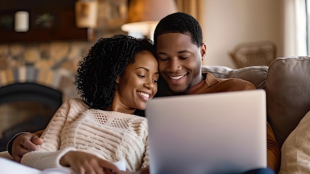 Casal aconchegante desfrutando do tempo juntos com o laptop em casa relaxado feliz e conectado estilo de vida casual e moderno provocado na IA de imagem