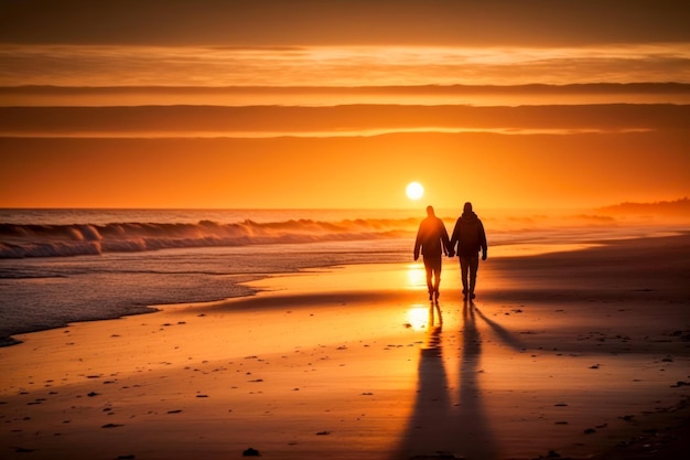 Casal adorável e romântico caminhando na praia ao pôr do sol Generative AI