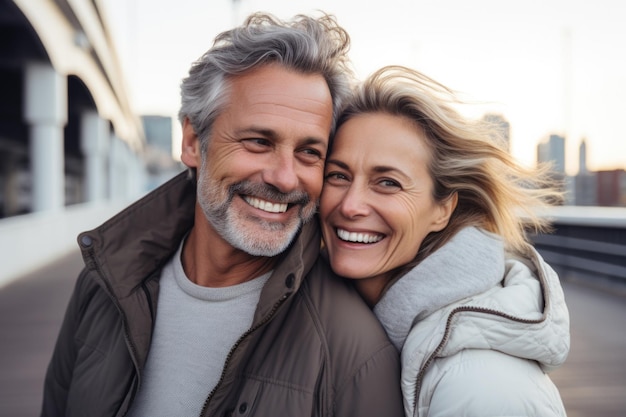 casal adulto expressão feliz ao ar livre em uma cidade gerada por IA