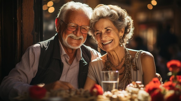 Foto casal adulto feliz desfrutando de comida deliciosa ia generativa