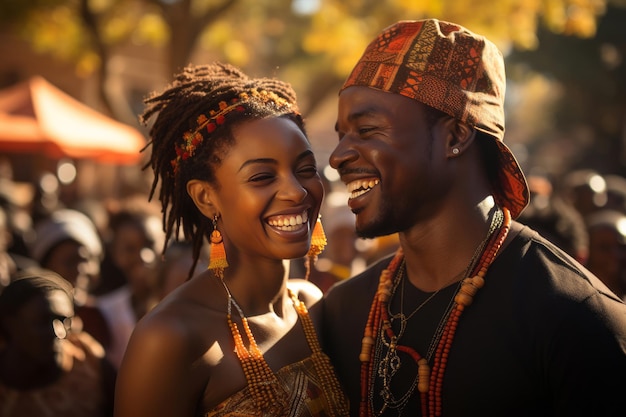 Casal africano compartilhando uma dança alegre em uma celebração cultural IA generativa