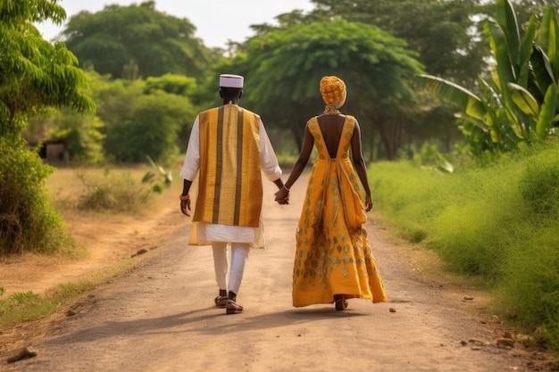 Casal africano em roupas de casamento tradicionais caminhando na cidade de África Generative AI