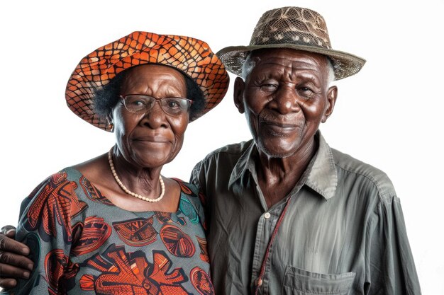 casal africano idoso sorridente de pé em fundo branco casal de pé em fundos brancos