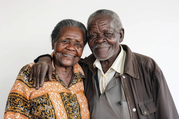 casal africano idoso sorridente de pé em fundo branco casal de pé em fundos brancos