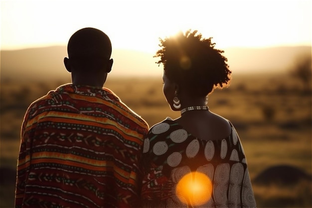 Foto casal africano olhando o pôr do sol em masai mara kenya africa generative ai