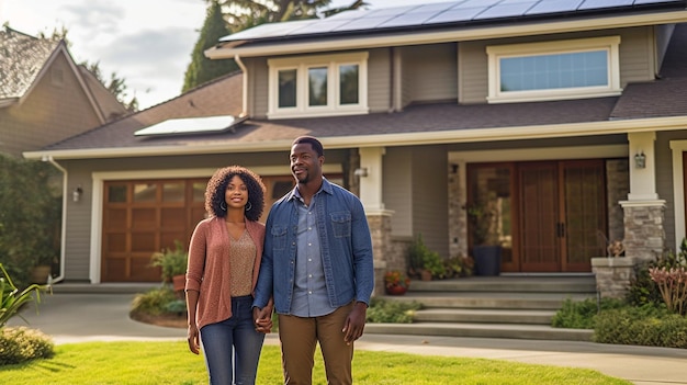 Casal afro-americano em frente a uma casa enorme com painéis solares Generative AI