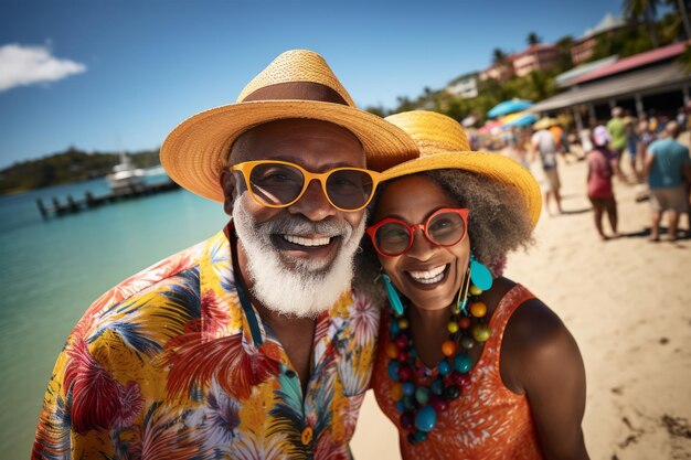 Foto casal afro-americano idoso e elegante com roupas de verão coloridas e óculos de sol na praia