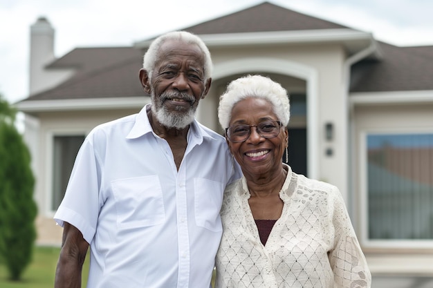 Casal afro-americano idoso em seus setenta anos em frente à nova casa Conceito de habitação social