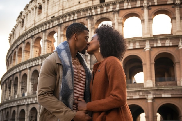 Casal afro-americano se beijando contra o Colosseum Rome Generative AI