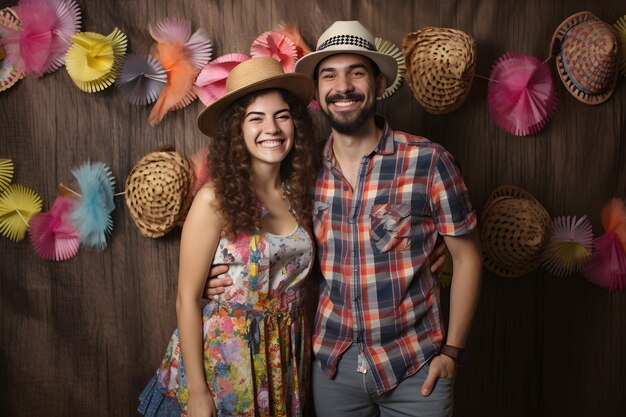 Casal afro-americano sorridente em chapéus de palha olhando para a câmera no estúdio