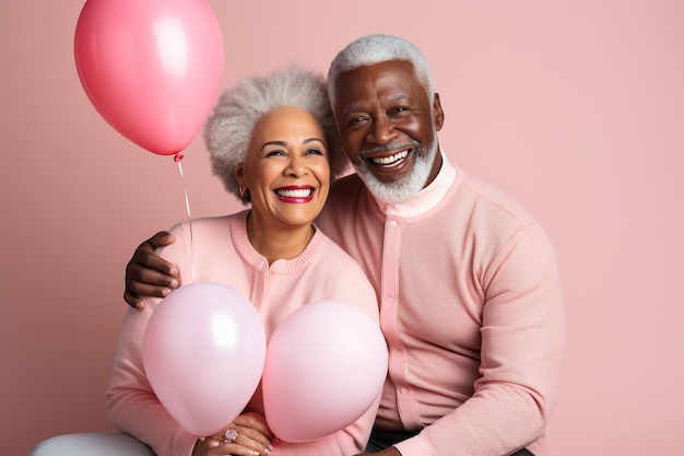 Casal afro sênior segurando um balão de coração AI Gerado