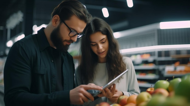 Casal alegre fazendo compras no supermercado comparando listas de compras no telefone usando Generative AI