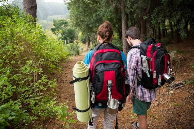 Casal alpinista caminhadas na floresta