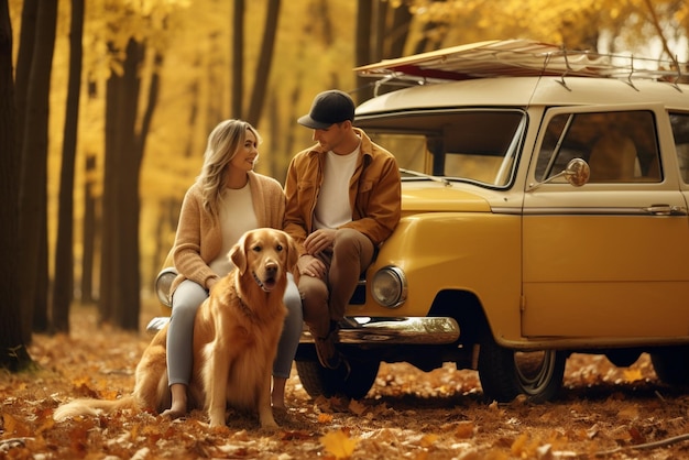 Casal andando com cães nos proprietários da floresta de outono com labrador dourado relaxando perto do carro
