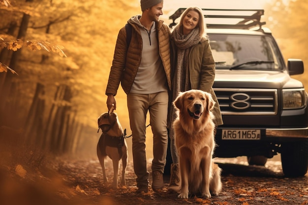 Casal andando com cães nos proprietários da floresta de outono com labrador dourado relaxando perto do carro