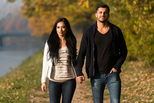 Casal andando na floresta pela floresta lá fora durante o outono