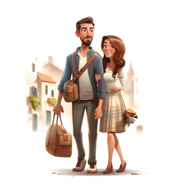 Casal andando na ilustração 3D realista da cidade