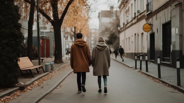 Casal andando na rua de mãos dadas