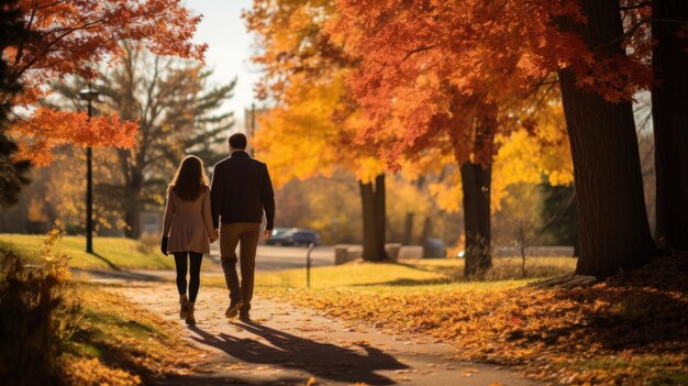 Casal andando no parque com folhagem de outono