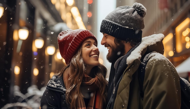 Casal andando pelas ruas da cidade de inverno Natal e conceito de ano novo