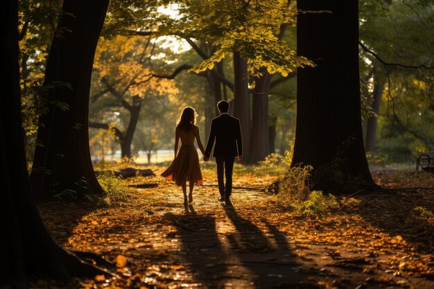 Casal apaixonado a caminhar no parque de mãos dadas