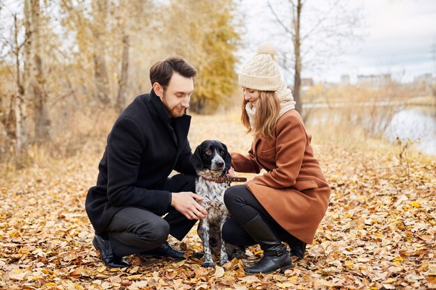 Casal apaixonado caminha pela floresta de outono Park com um cachorro Spaniel