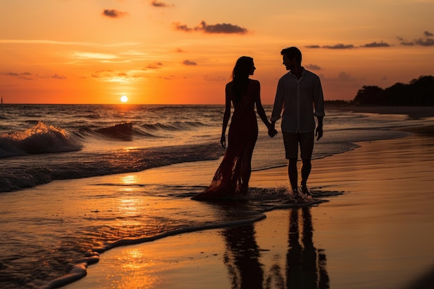 Casal apaixonado caminhando ao pôr do sol à beira mar generativo IA