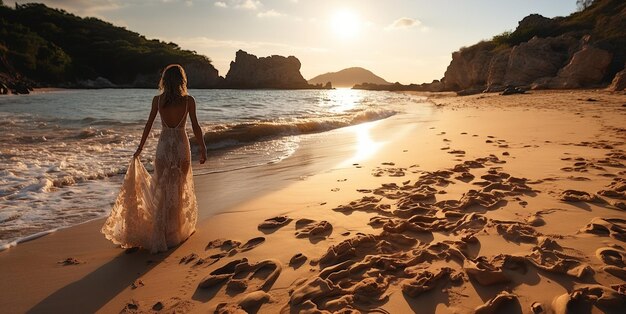 casal apaixonado caminhando na praia ao pôr do sol IA generativa