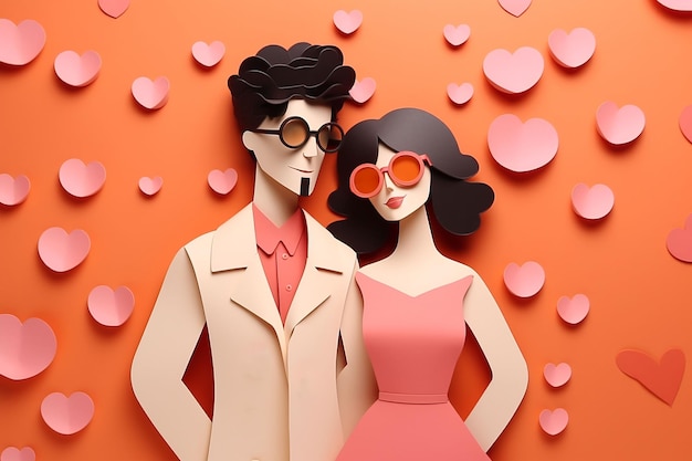 Casal apaixonado com corações em fundo laranja conceito de Dia dos Namorados