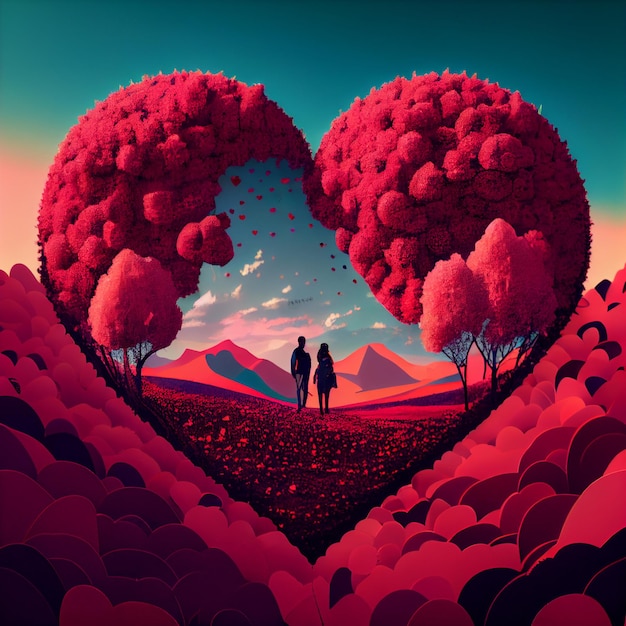 Foto casal apaixonado em uma ilustração de renderização 3d de cartão de dia dos namorados de paisagem de coração