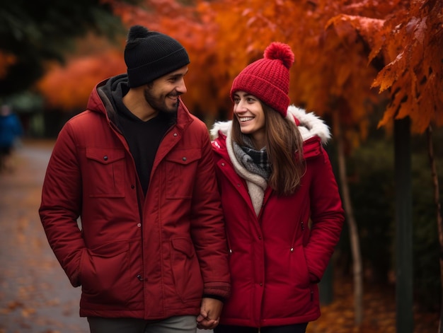 Foto casal apaixonado está aproveitando um dia romântico de outono