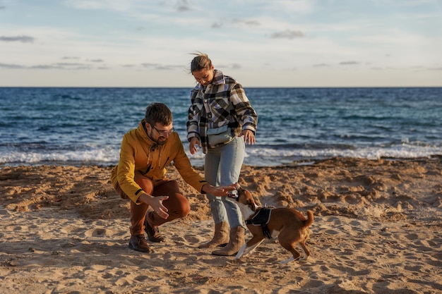 Casal apaixonado está brincando com seu cachorro na praia pessoas caucasianas estilo de vida animal e conceito de natureza