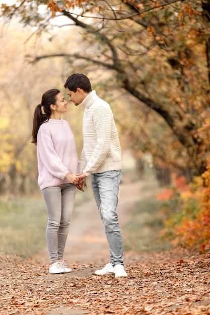 Casal apaixonado nas folhas de outono