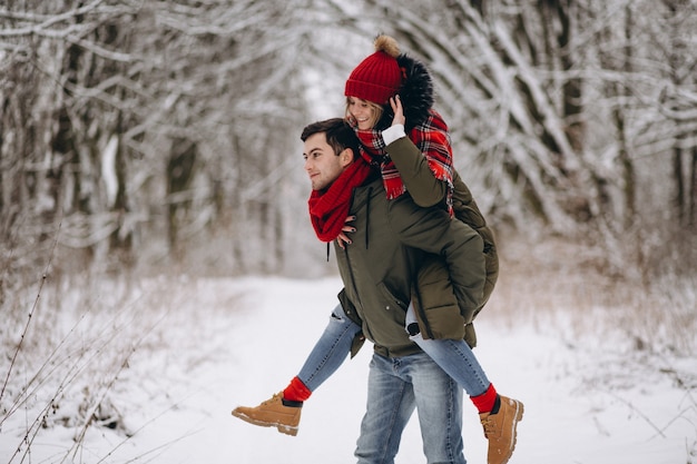 Casal apaixonado por um parque de inverno