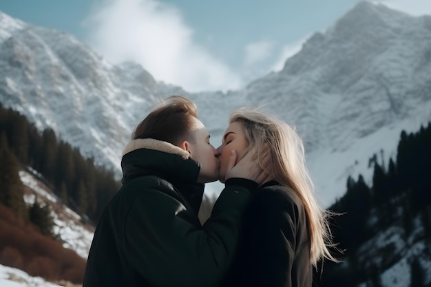 Casal apaixonado se beijando nas montanhas no fundo do pico coberto de neve à luz do dia Rede neural gerada em maio de 2023 Não baseado em nenhuma cena ou padrão de pessoa real
